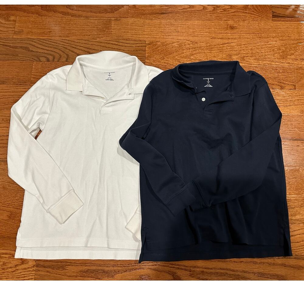 2 Lands end 14-16 Boys long sleeve polo uniform shirts blue and white